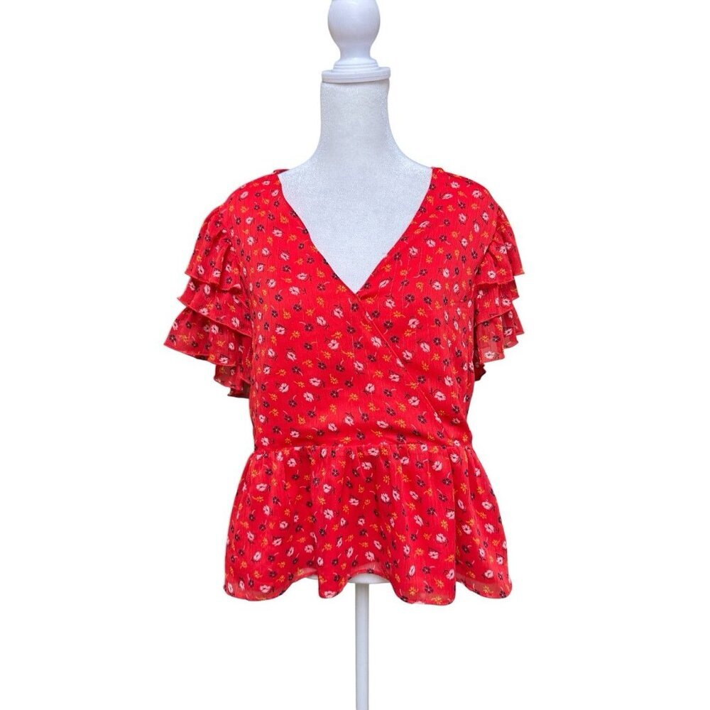 Madewell Red Floral Wrap Peplum Ruffle Sleeve Blouse Size 12